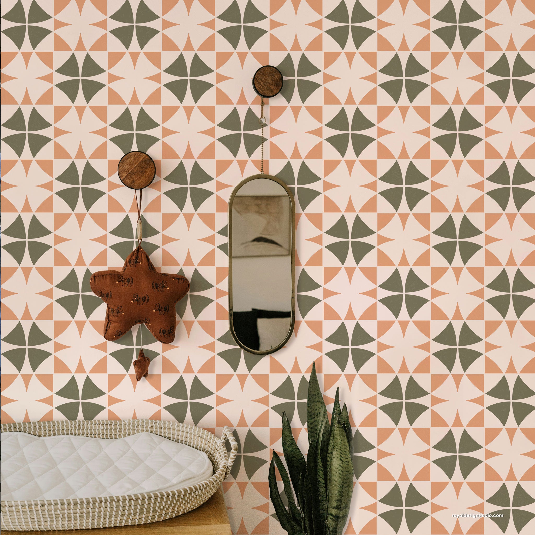 Modern tile stencil pattern painted with stenciling technique on a wall