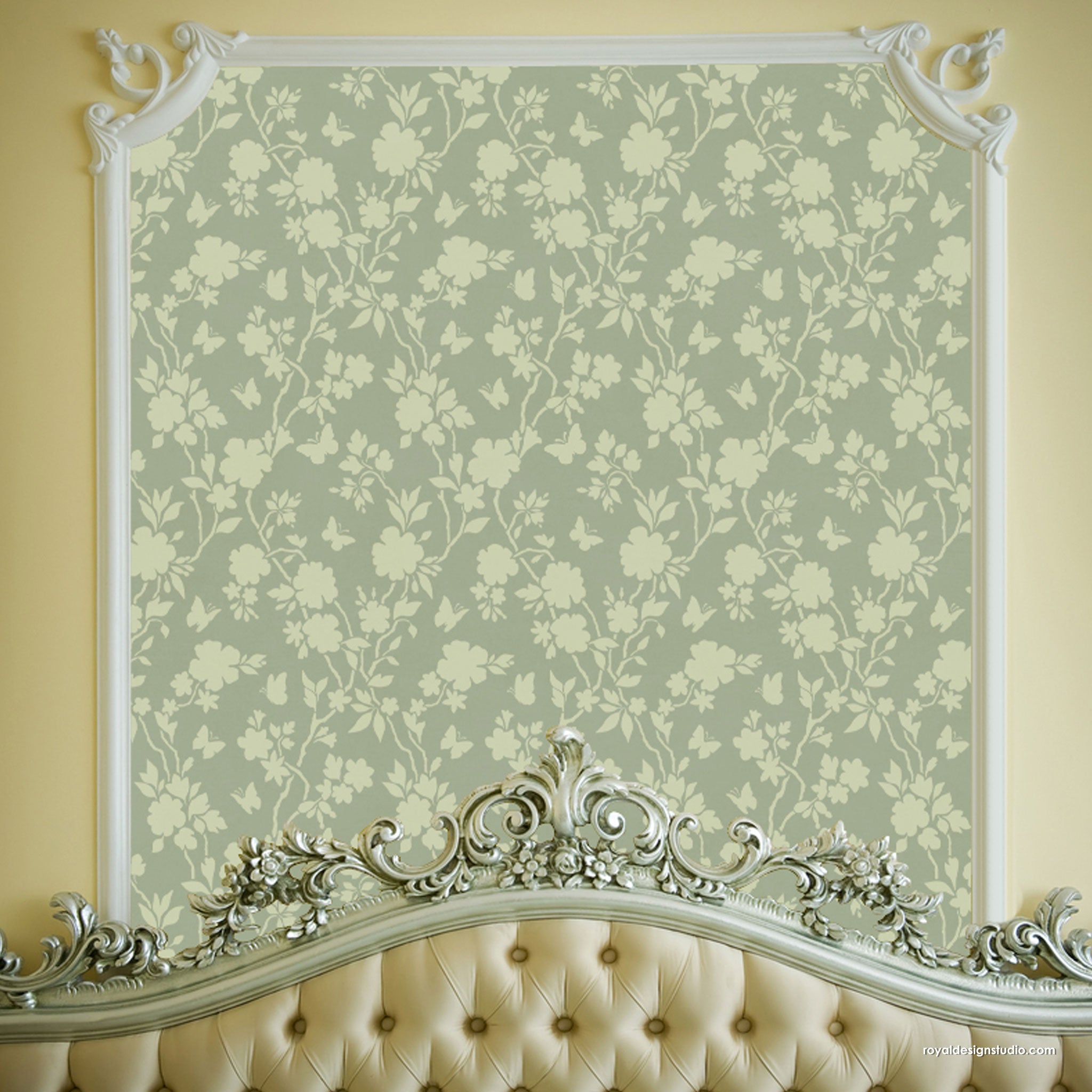 Chinoiserie wall panel hand painted with a large floral and butterfly wall stenci