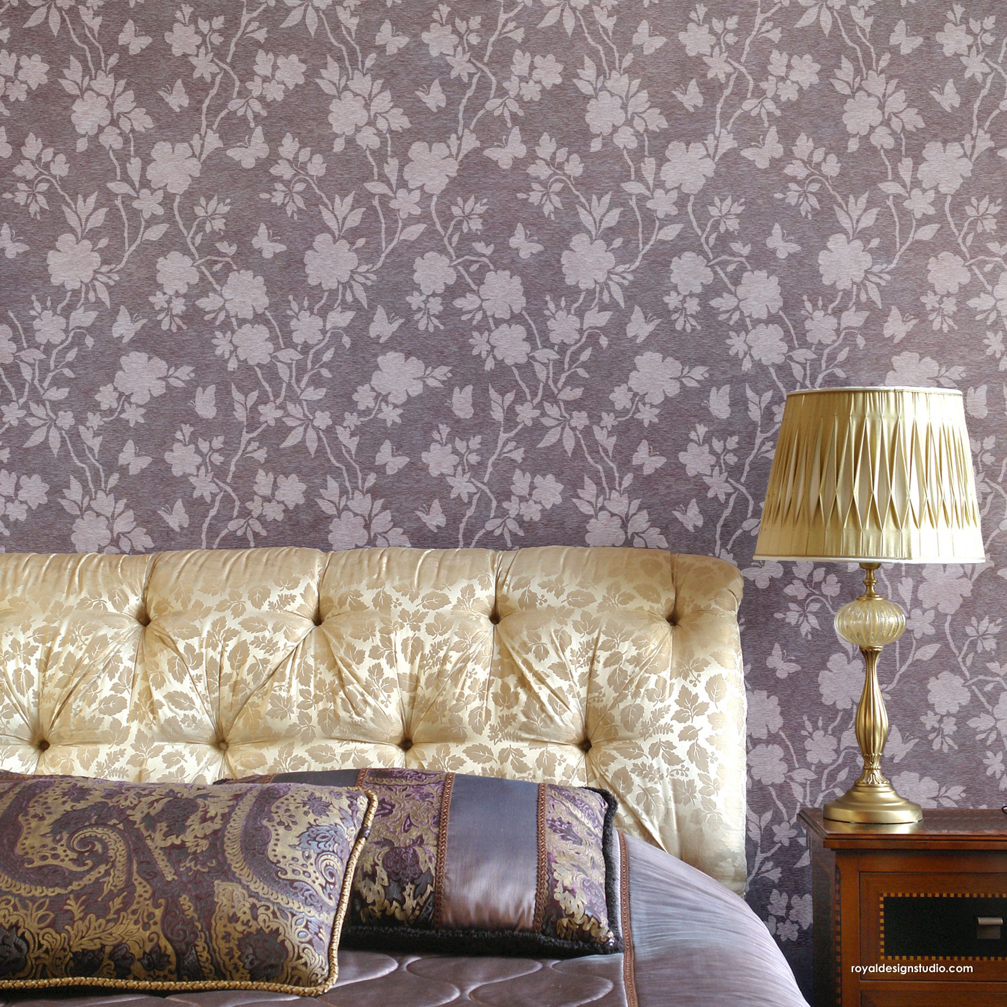 Chinoiserie wallpaper look using a large floral wall stencil with butterflies