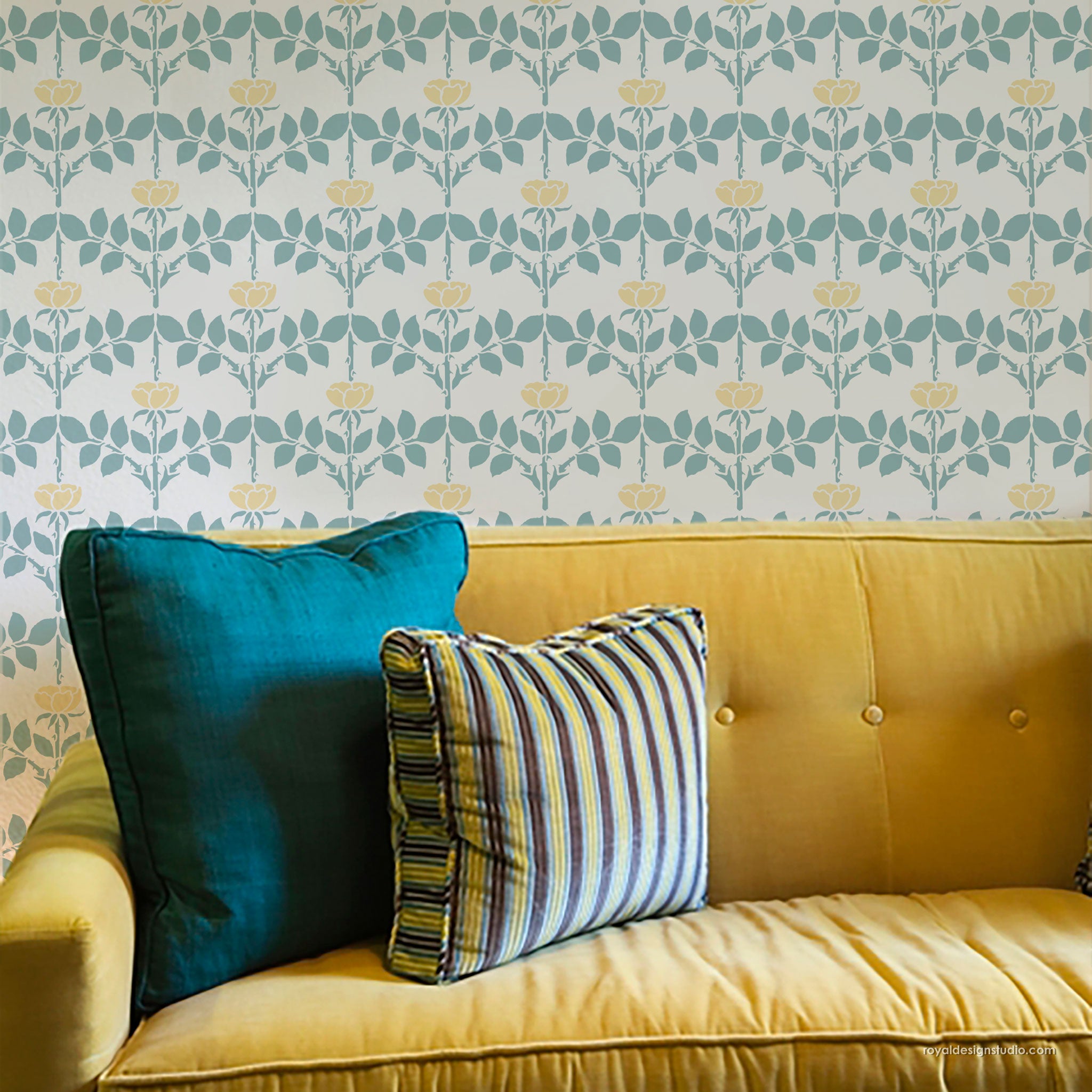 Roses allover stencil pattern painted on wall