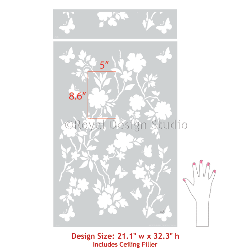 Floral design stencil with measurements and Royal Design Studio branding on a gray background.
