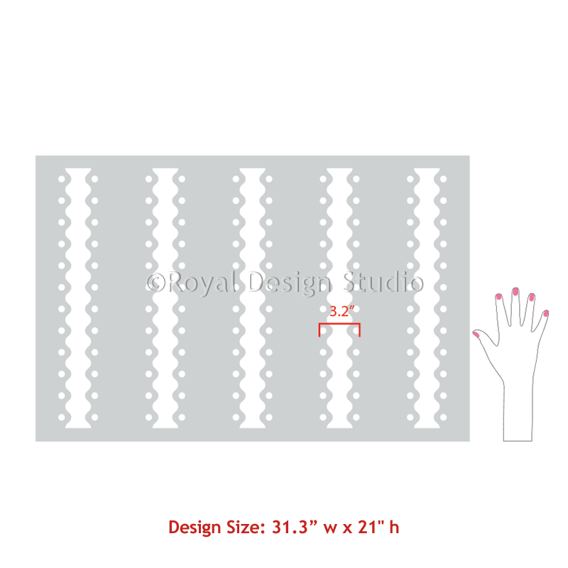 A stencil design sheet shown on a white background, with a gray rectangular stencil featuring vertical rows of oval cutouts and a small hand outline indicating scale. Red text reads 'Design Size: 31.
