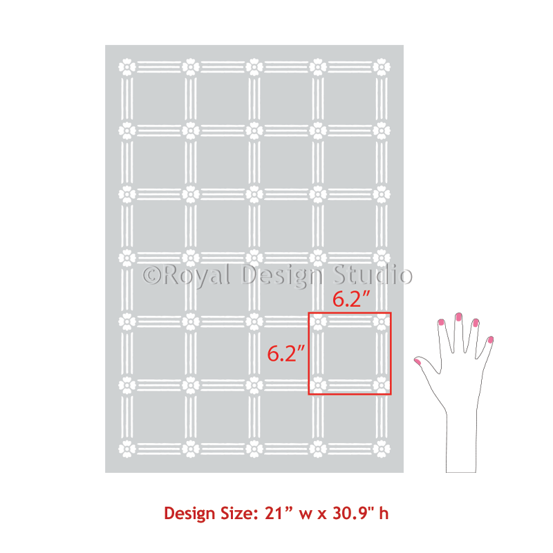 A digital preview of a stencil pattern design, showing a 21 inch by 30.9 inch design size of 6 inches.