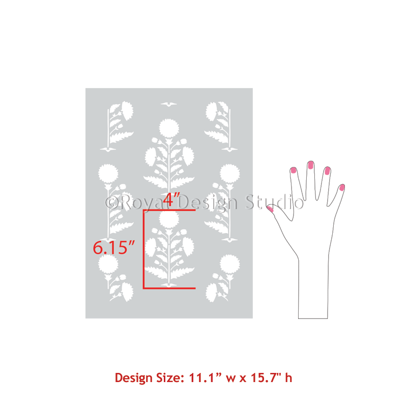 A stencil sheet with a white floral pattern on a light gray background, shown next to a hand outline indicating scale. Red text shows the design size as 11.