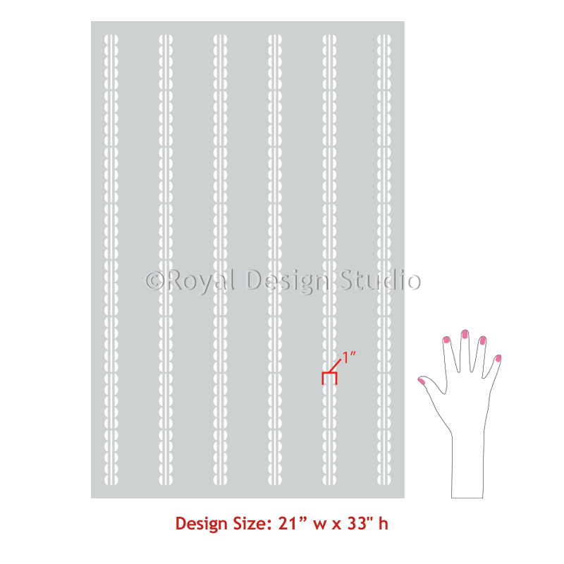 A gray stencil design template with a vertical dotted line pattern, a small hand illustration with pink nails, and red text reading 'Design Size: 21" w x 33" h'.