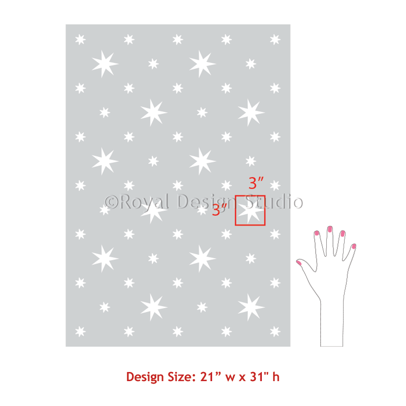A stencil sheet with a white star pattern on a light gray background, shown with a hand outline for scale and red text indicating a design size of 21 in x 31 in. The sheet has a faint 'Royal Design Studio' watermark.