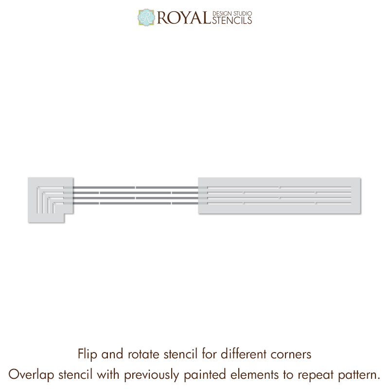 A single flat stencil design shown on a white background, with the Royal Design Studio Stencils logo at the top and instructional text at the bottom explaining how to flip, rotate, and overlap the stencil for different corners and repeated patterns.