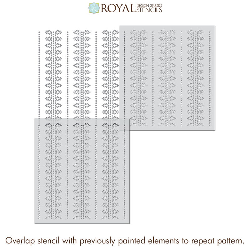 Three rectangular stencil sheets with repeating floral or leaf-like cutout patterns, shown on a white background with the brand name Royal Design Studio Stencils at the top and a usage note at the bottom.
