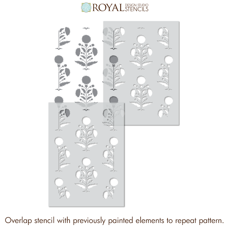Three light gray stencil sheets with floral and botanical cutout patterns, shown on a white background with the Royal Design Studio Stencils logo at the top and a usage note at the bottom.