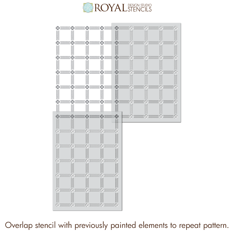 Two rectangular stencil templates with a grid pattern, shown overlapping on a white background with the brand logo 'Royal Design Studio Stencils' at the top and a usage note at the bottom.