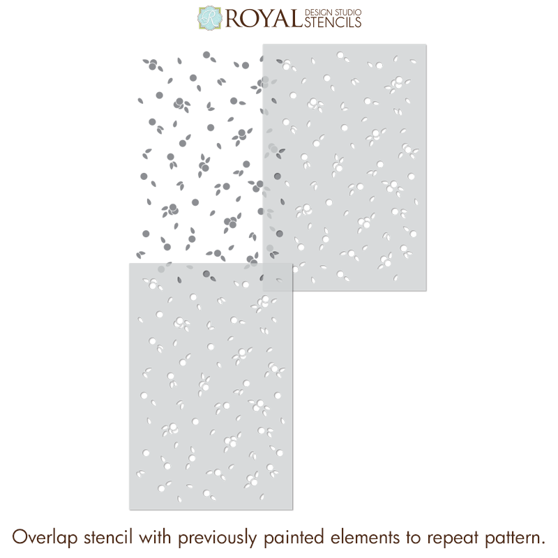 Two overlapping stencil templates with perforated speckled patterns on a white background, with the brand name ROYAL DESIGN STUDIO STENCILS at the top and a usage note at the bottom.