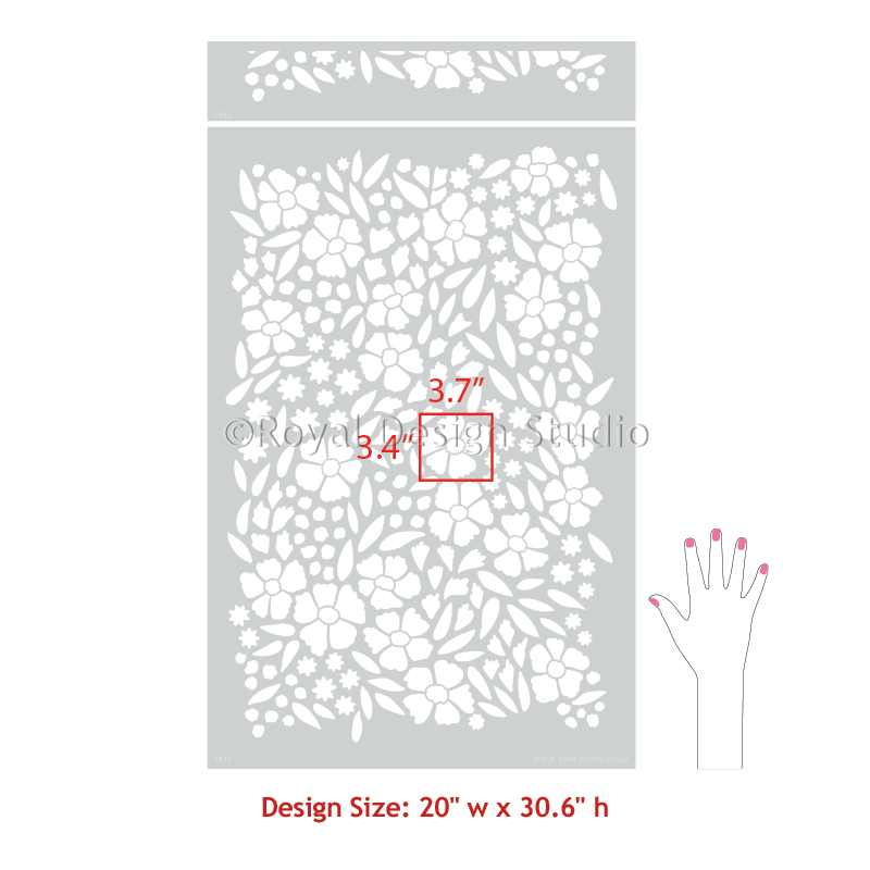 Decorative stencil with floral pattern and measurements, brand 'Royal Design Studio' visible.