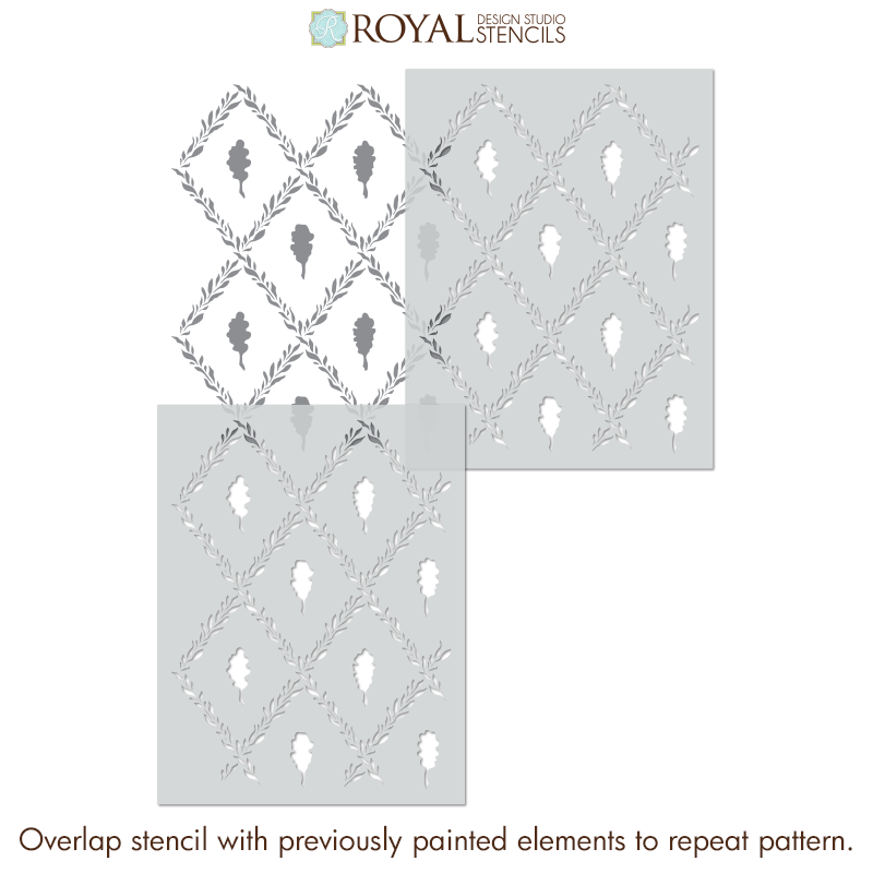 Three stencils with geometric and leaf patterns on a white background, featuring the Royal Design Studio logo.