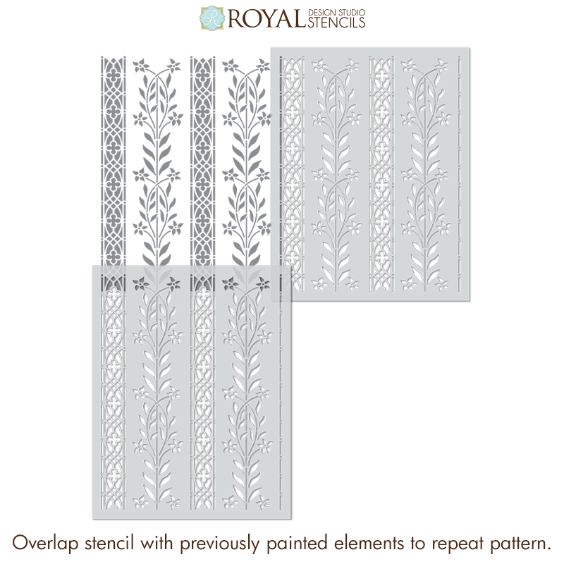 Royal Design Studio stencils with floral patterns on a white background in cottage style