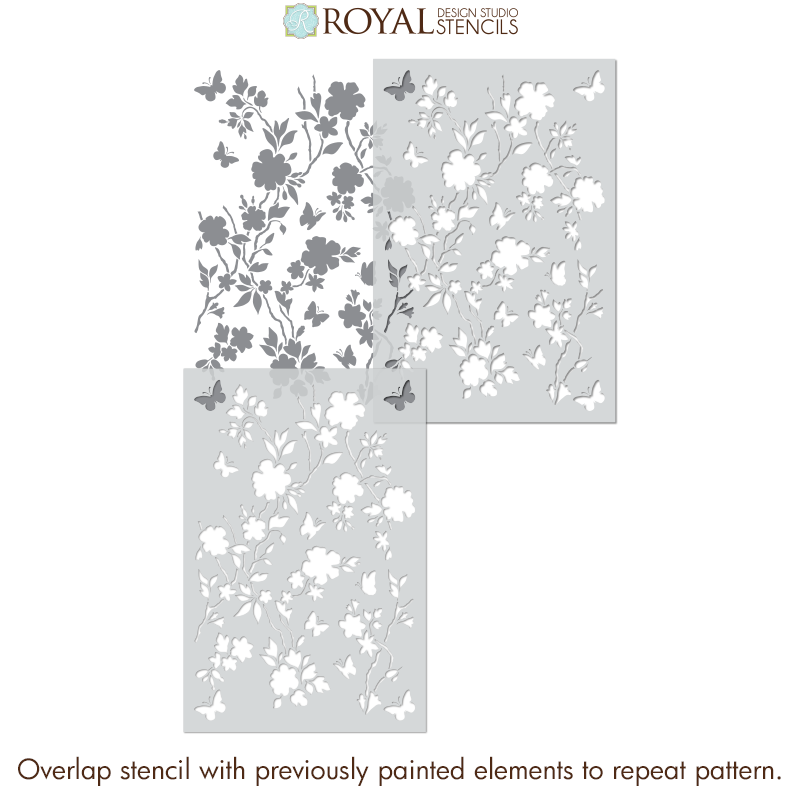 Floral and butterfly design stencils with 'Royal Design Studio' branding on a white background.
