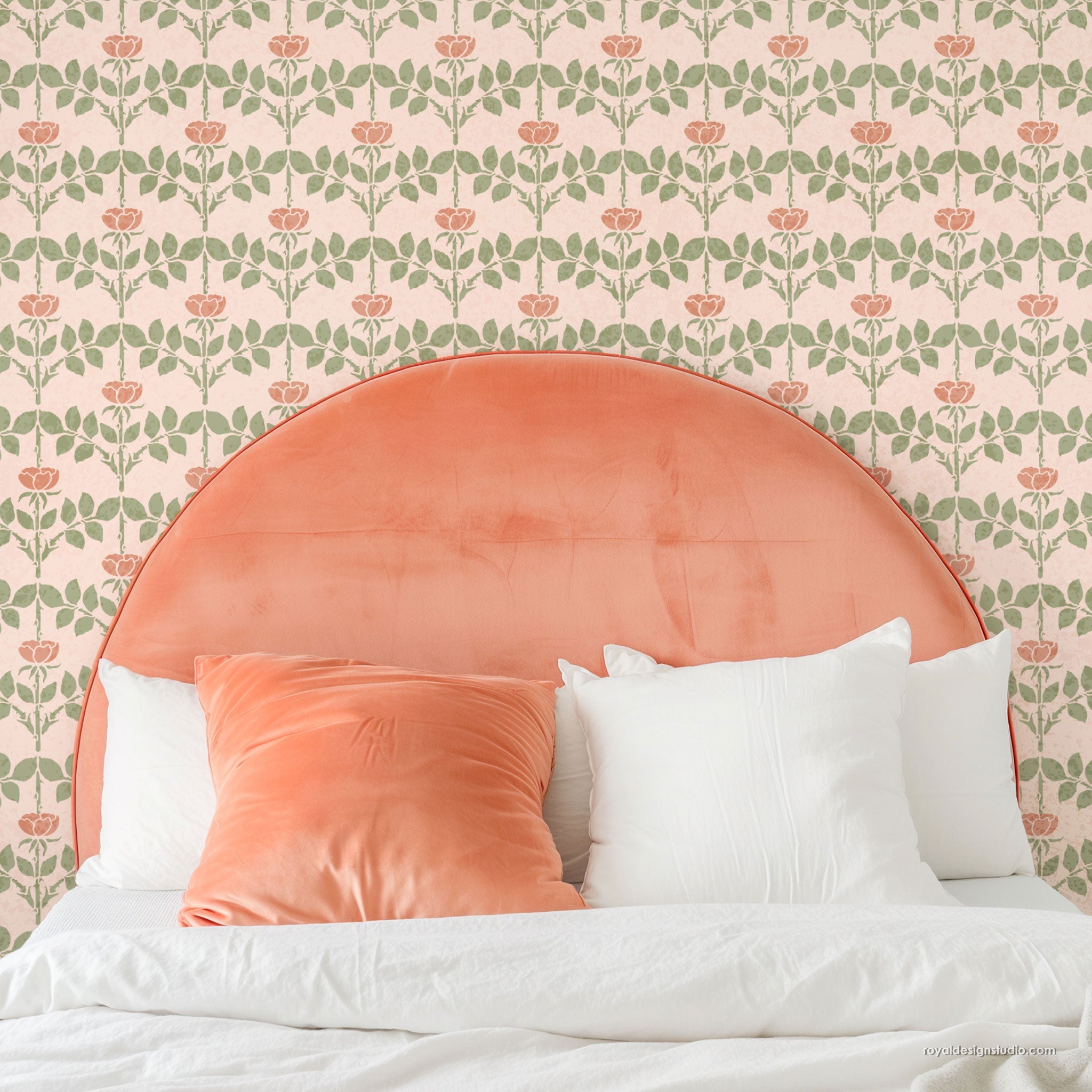 Floral roes wall pattern stencil for painting in badeoom