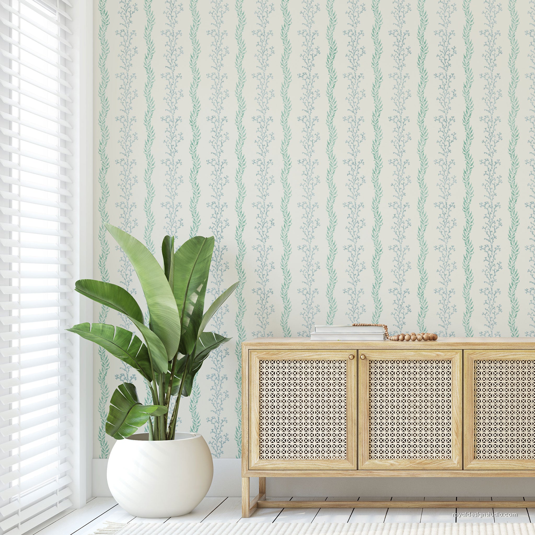 Cottage coastal style room with coral wall stencil in stripe pattern