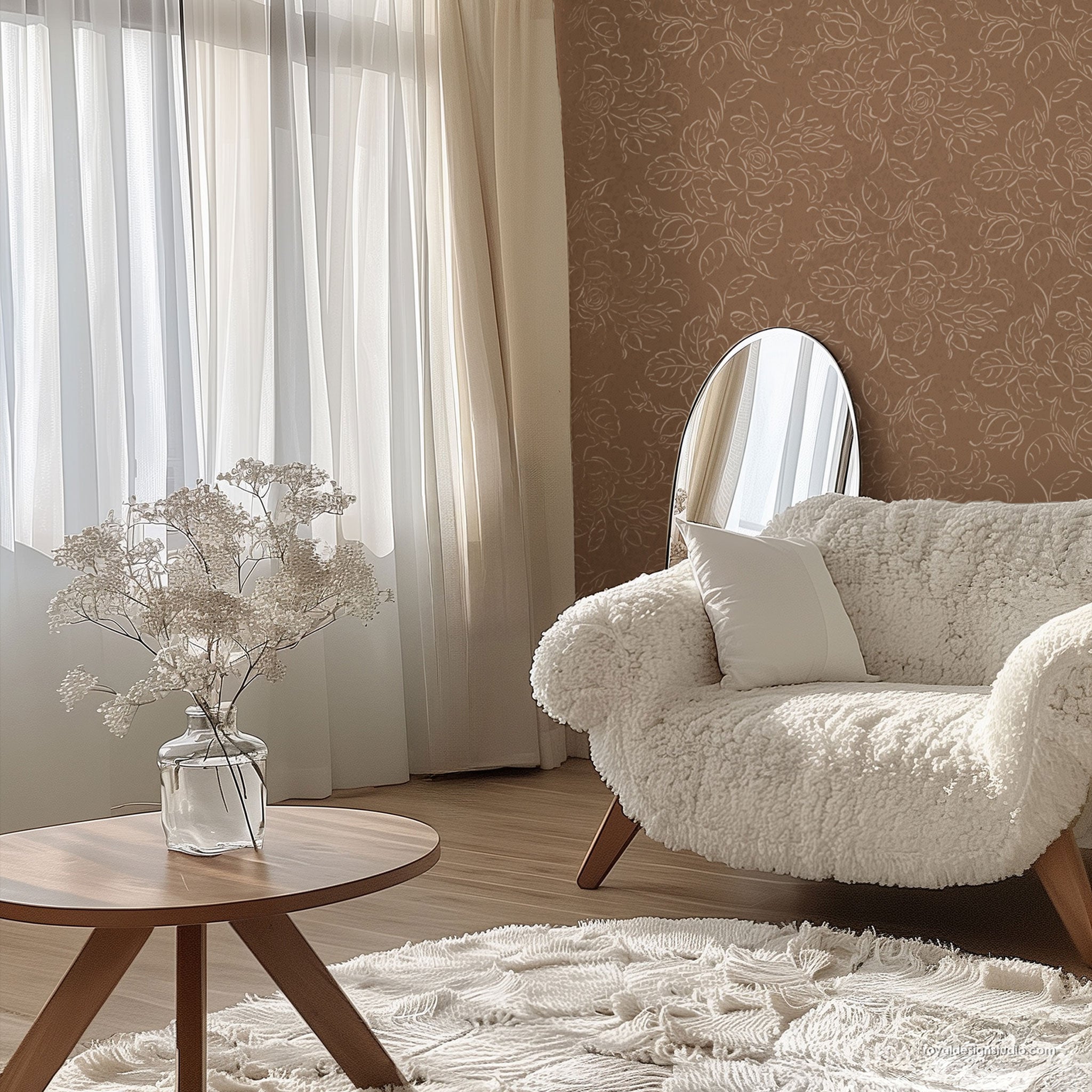 Cottage cabbage rose floral wall stencili in Cozy living room with a fluffy armchair, wooden coffee table, and decorative elements.