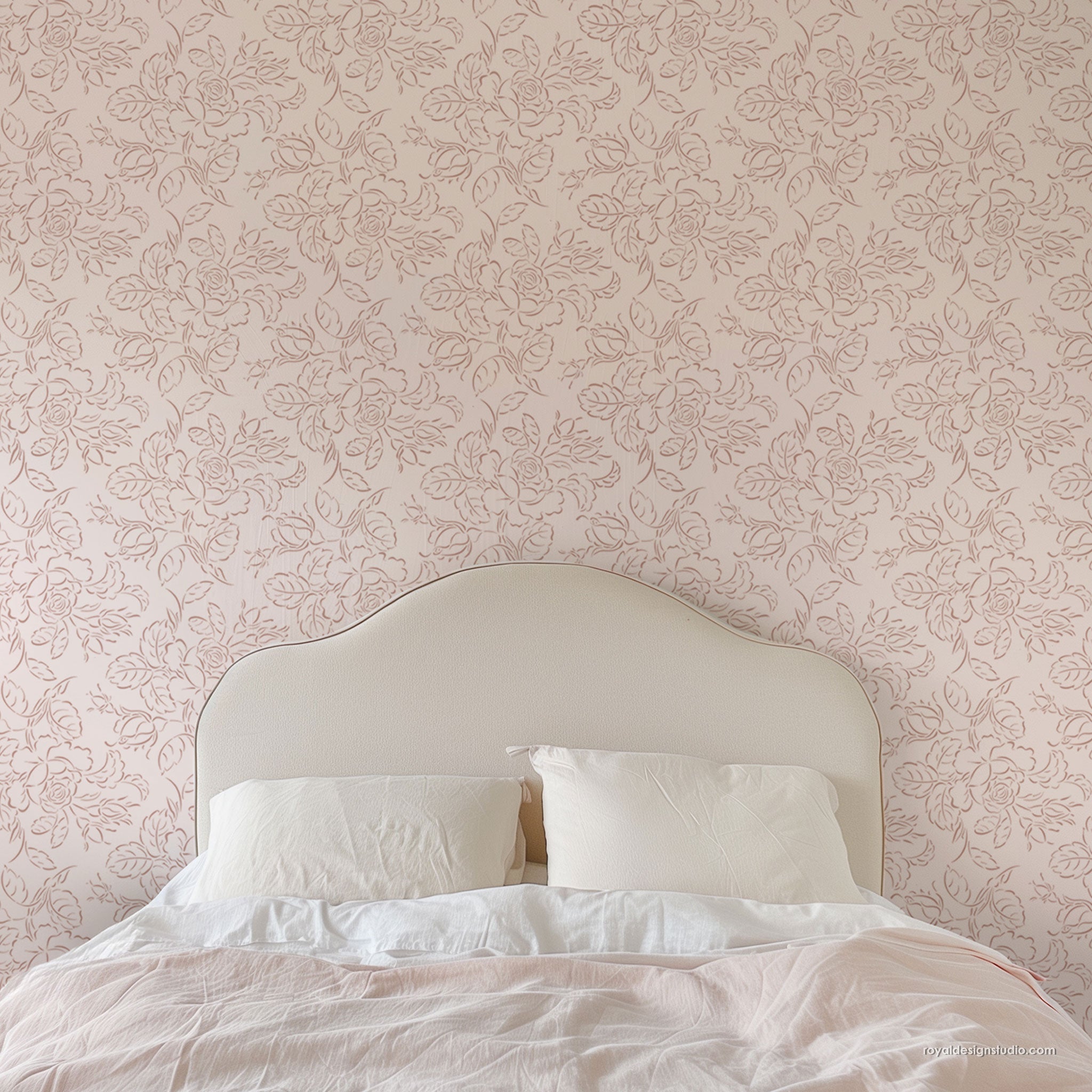 Romantic pink wall stencil pattern using Large Rose floral stencil that looks like a sketch