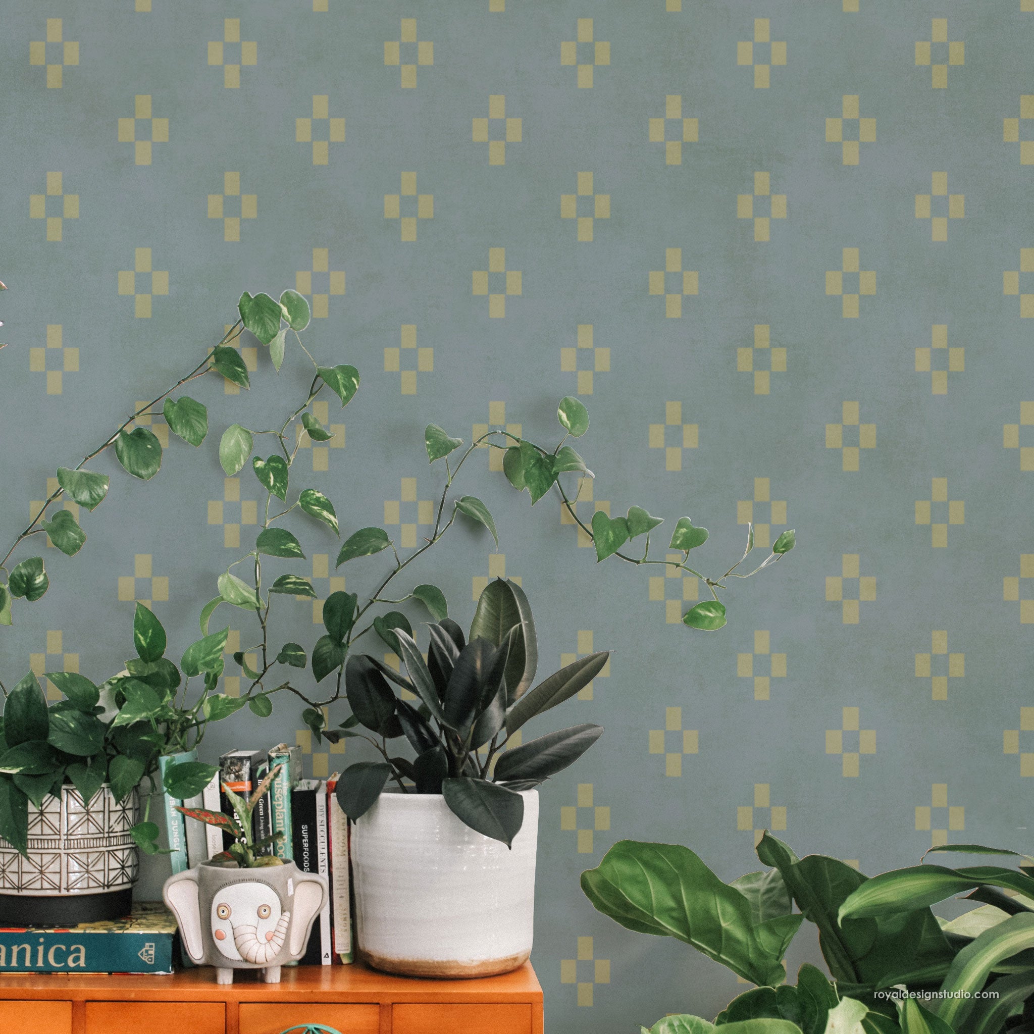 Cottage style check wall stencil pattern for painting