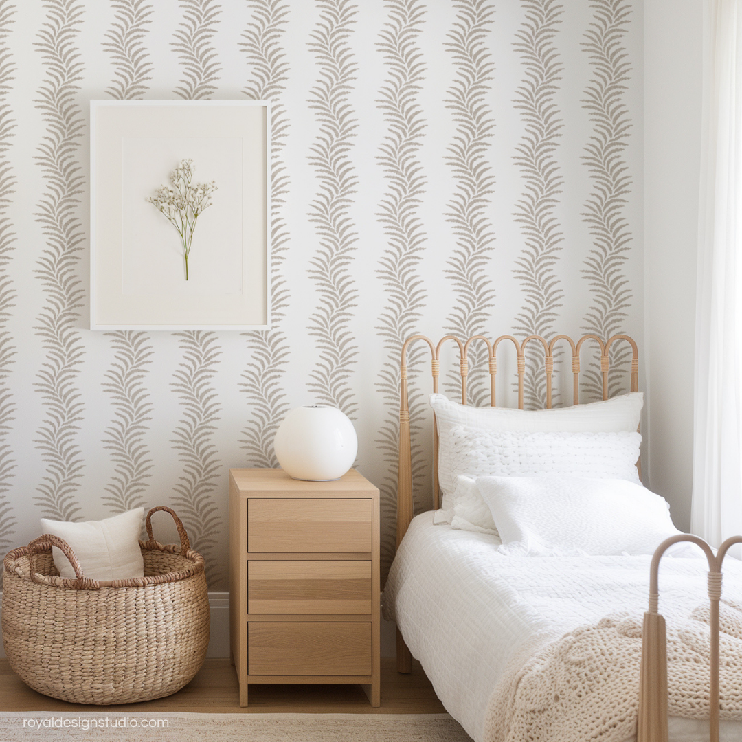 coastal style bedroom with leafy stripe wall stencil design painted on walls