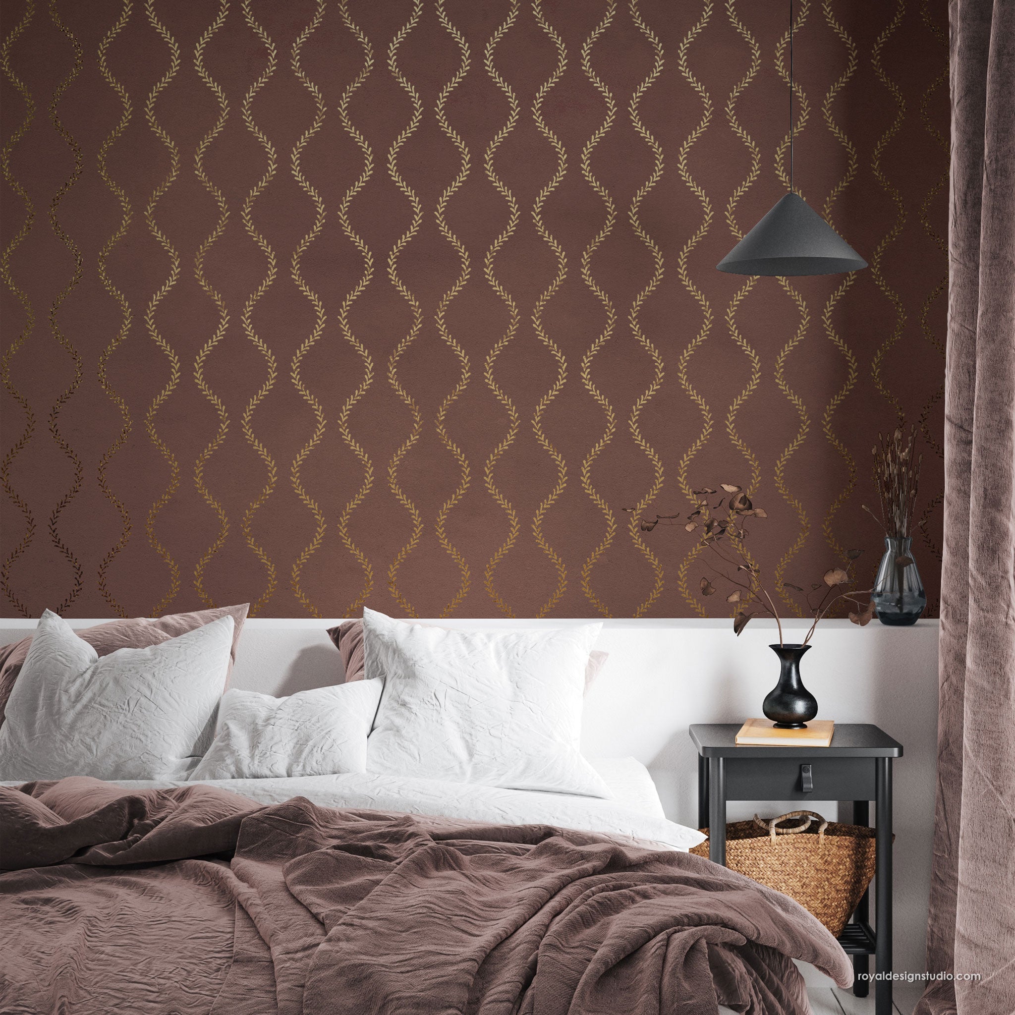 Metallic wall stenciling with trellis pattern wall stencil on brown wall in modern bedroom