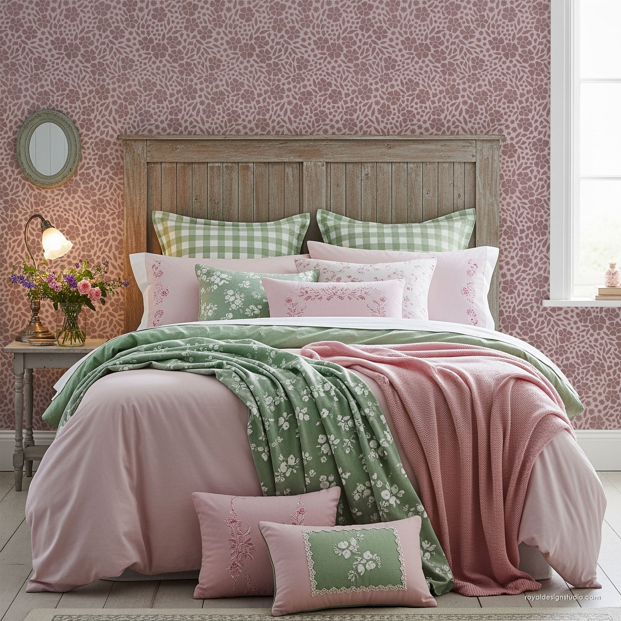 Bedroom with pink and green bedding and floral wallpaper stencil in ditsy flower pattern.