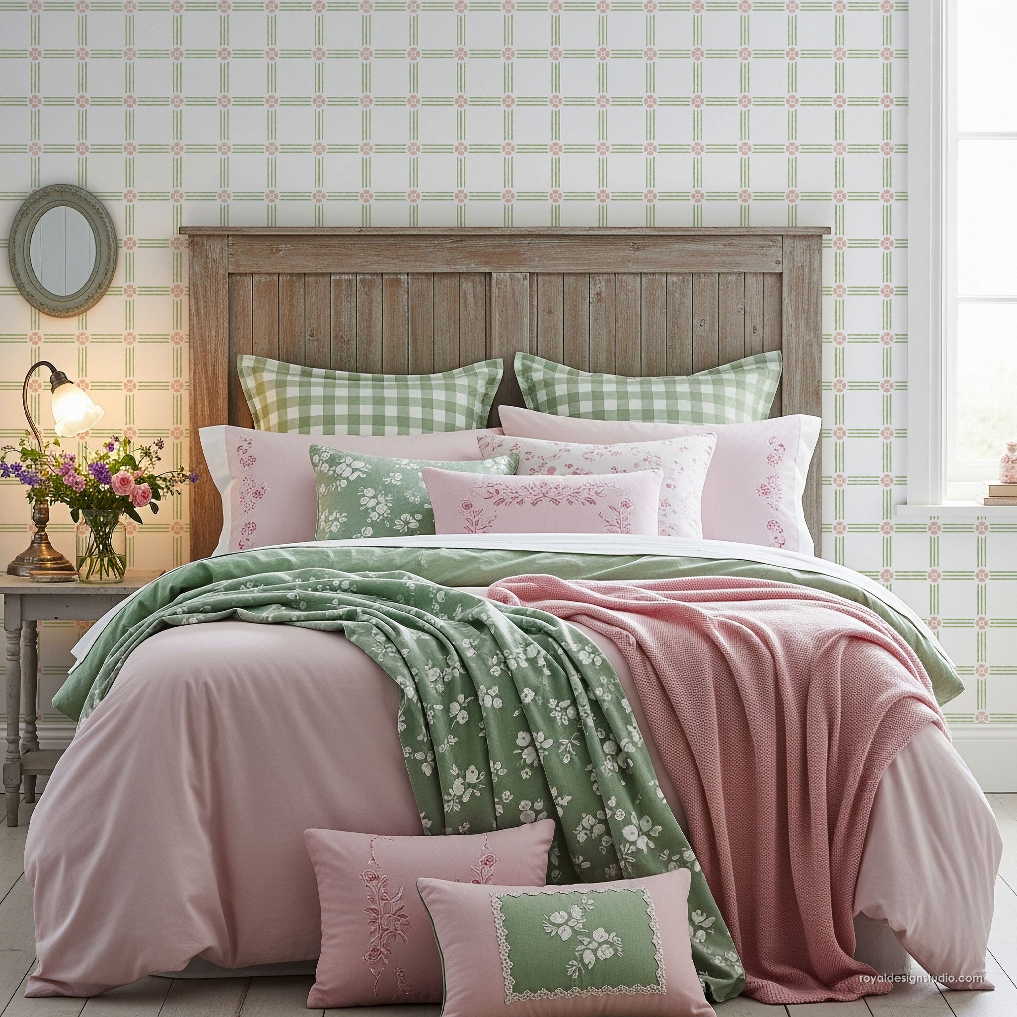 A styled bed in a bedroom featuring a pink and green bedding set with a floral throw blanket, matching pillows, a gingham pillow, and a rustic wooden headboard. The background has a light green and white checkered wall.