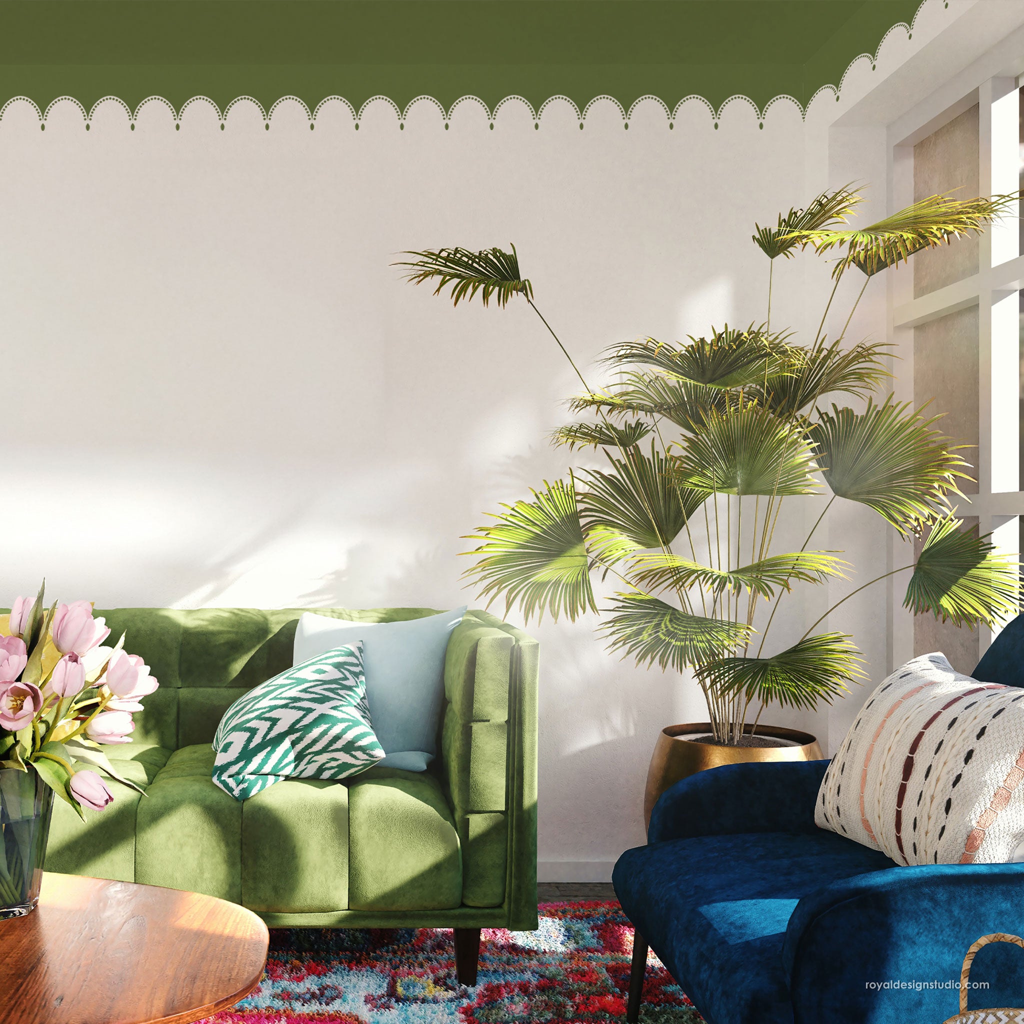 Stencil at ceiling line in Modern living room with green sofa, blue chair, and decorative plants.