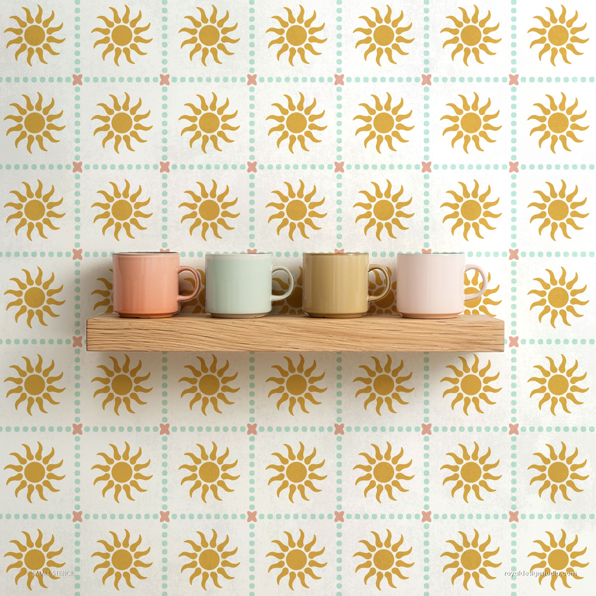 Four mugs on a wooden shelf with sun stenciled star motif tiles in the background