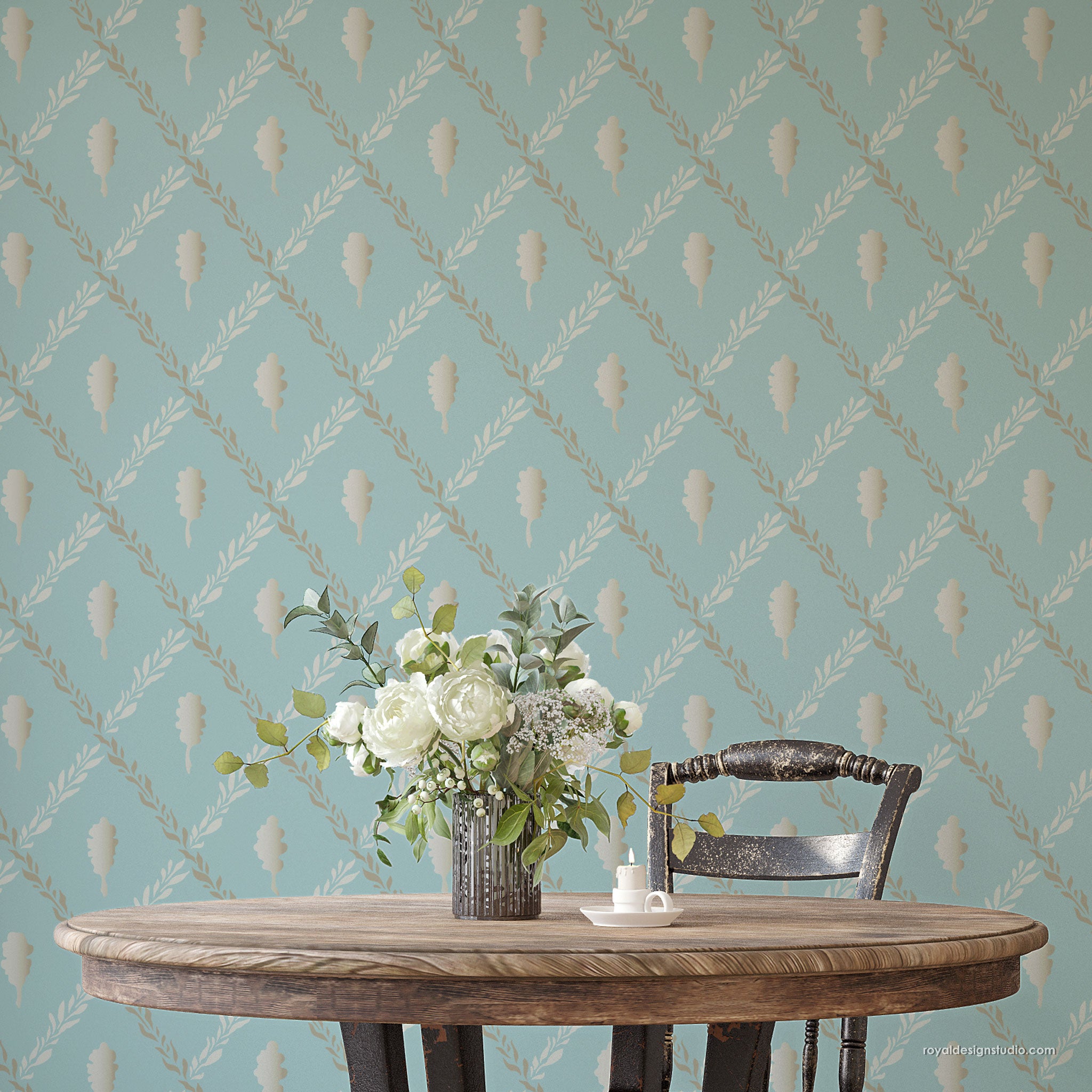 Wall stencil in Swedish folk art style stenciled on blue wall in dining room