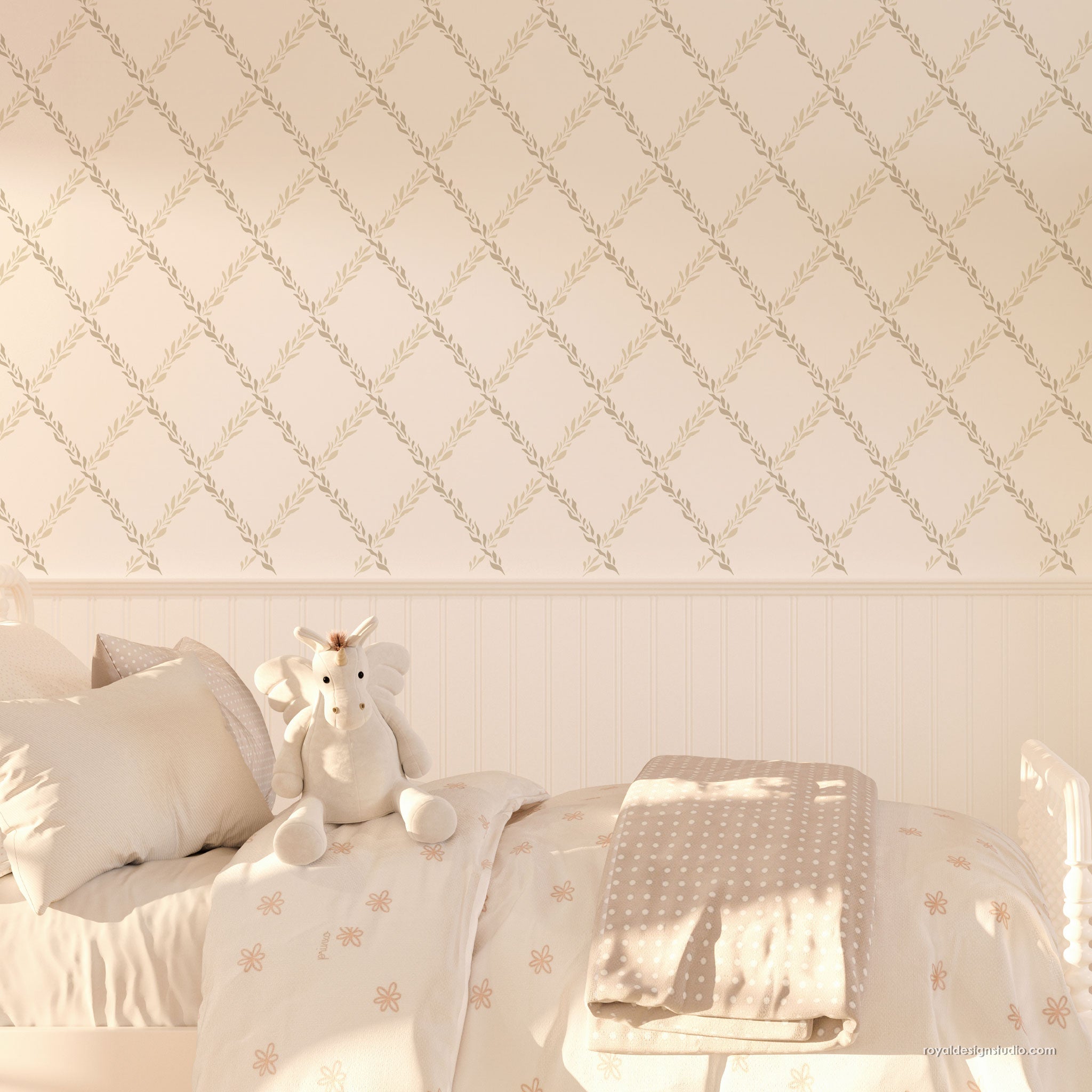 Simple trellis stencil pattern on nursery wall