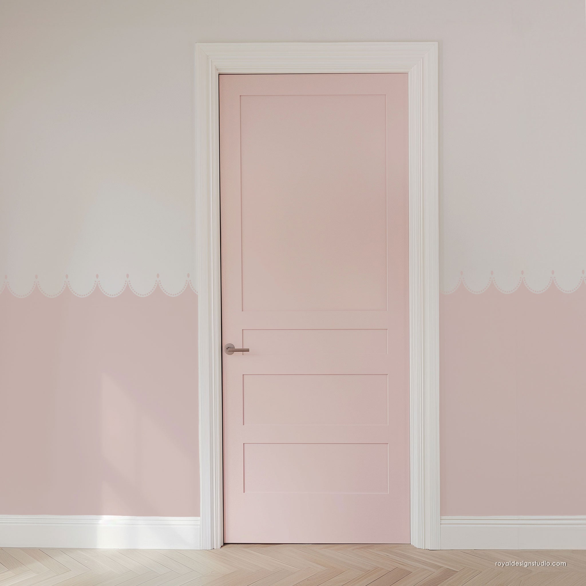 Chair Rail stencil pattern in a room with pink walls and wooden floor.