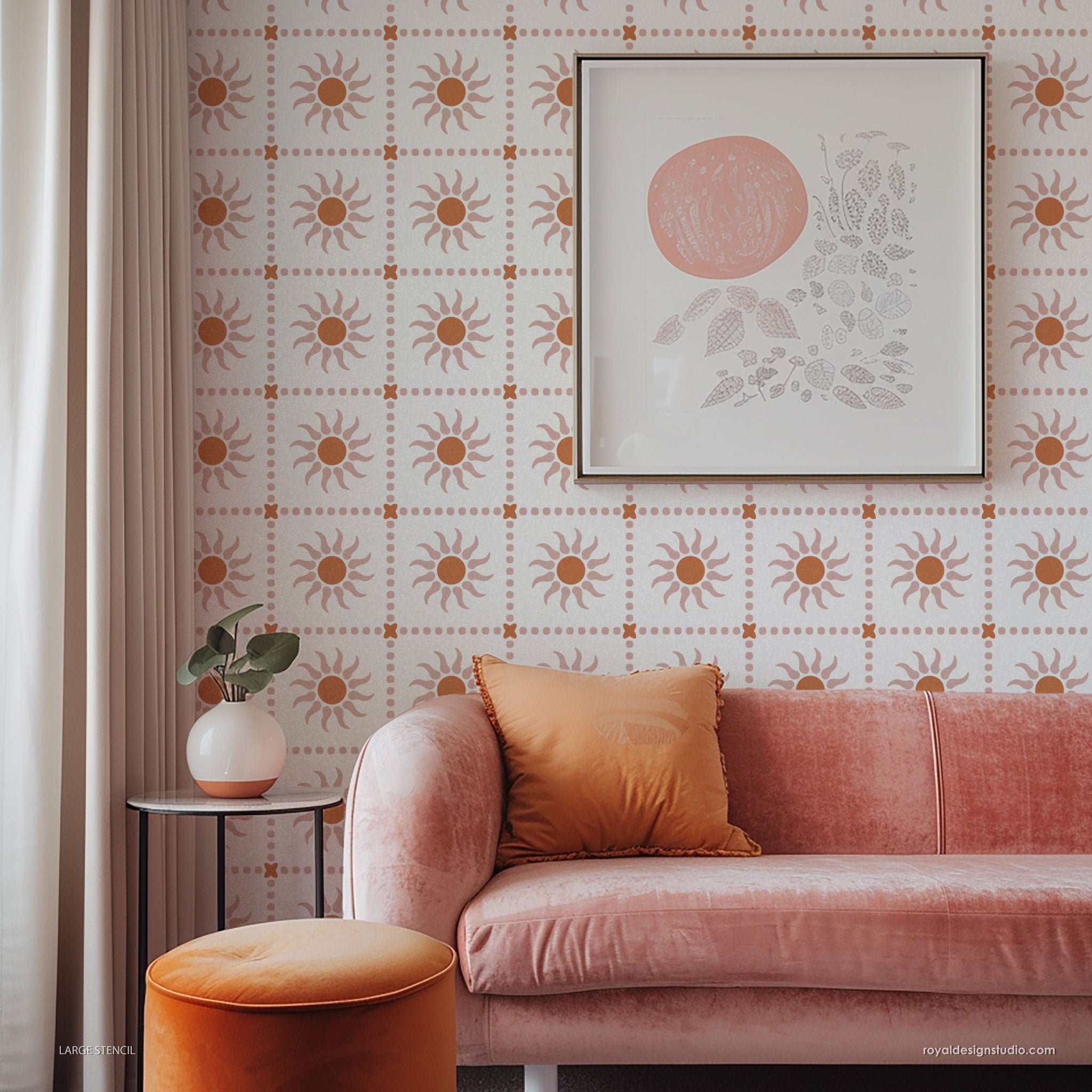 wall stencil in retro star pattern stenciled in a living room with pink sofa and decorative pillow
