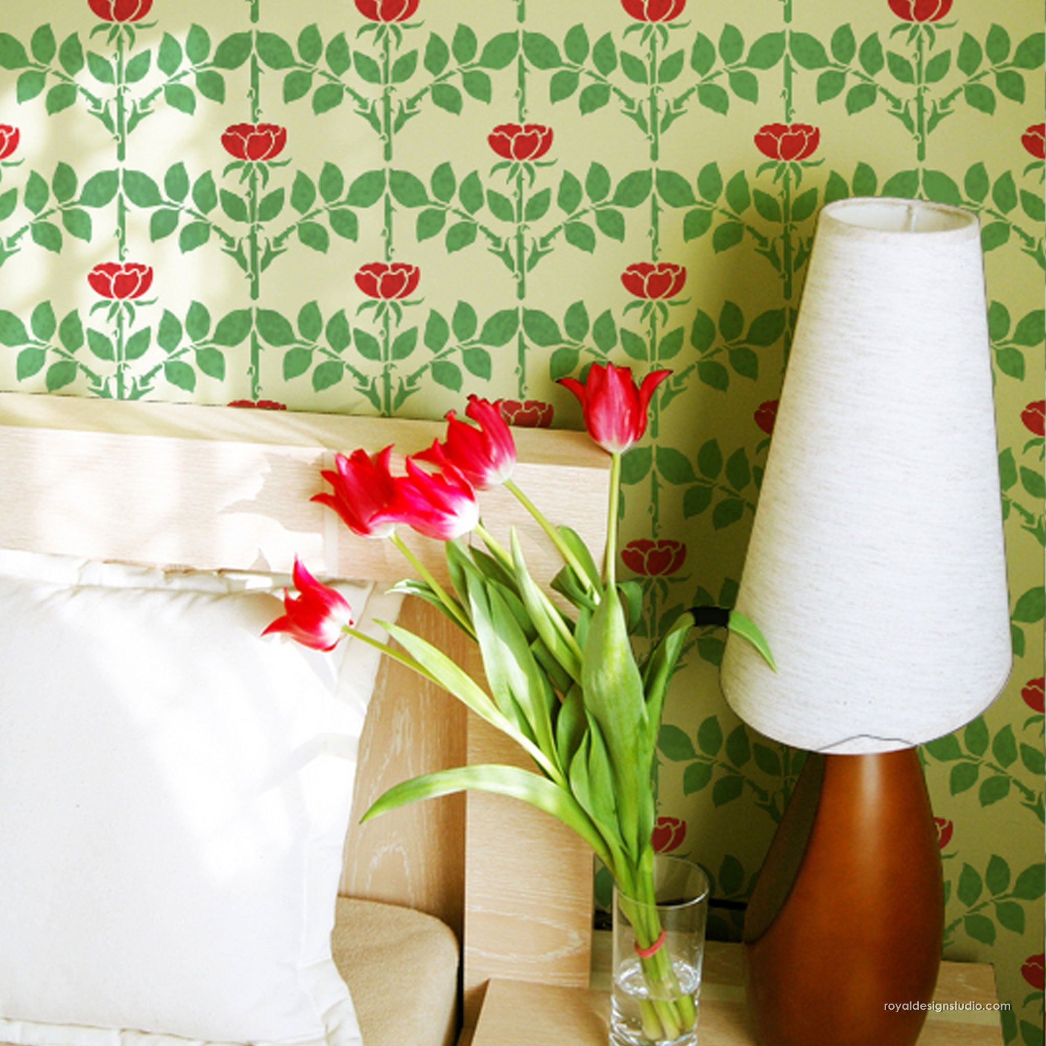 Art Nouveau roses wallpaper stencil pattern painted on wall