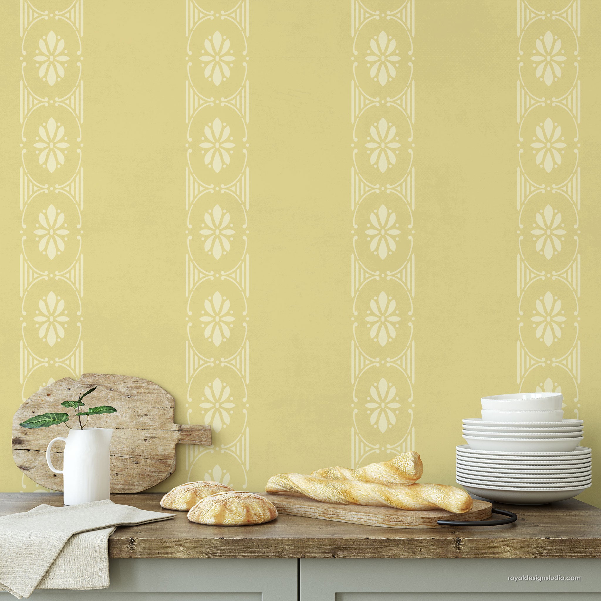 Stenciled stripes on yellow wall to create a stripe pattern with stenciling