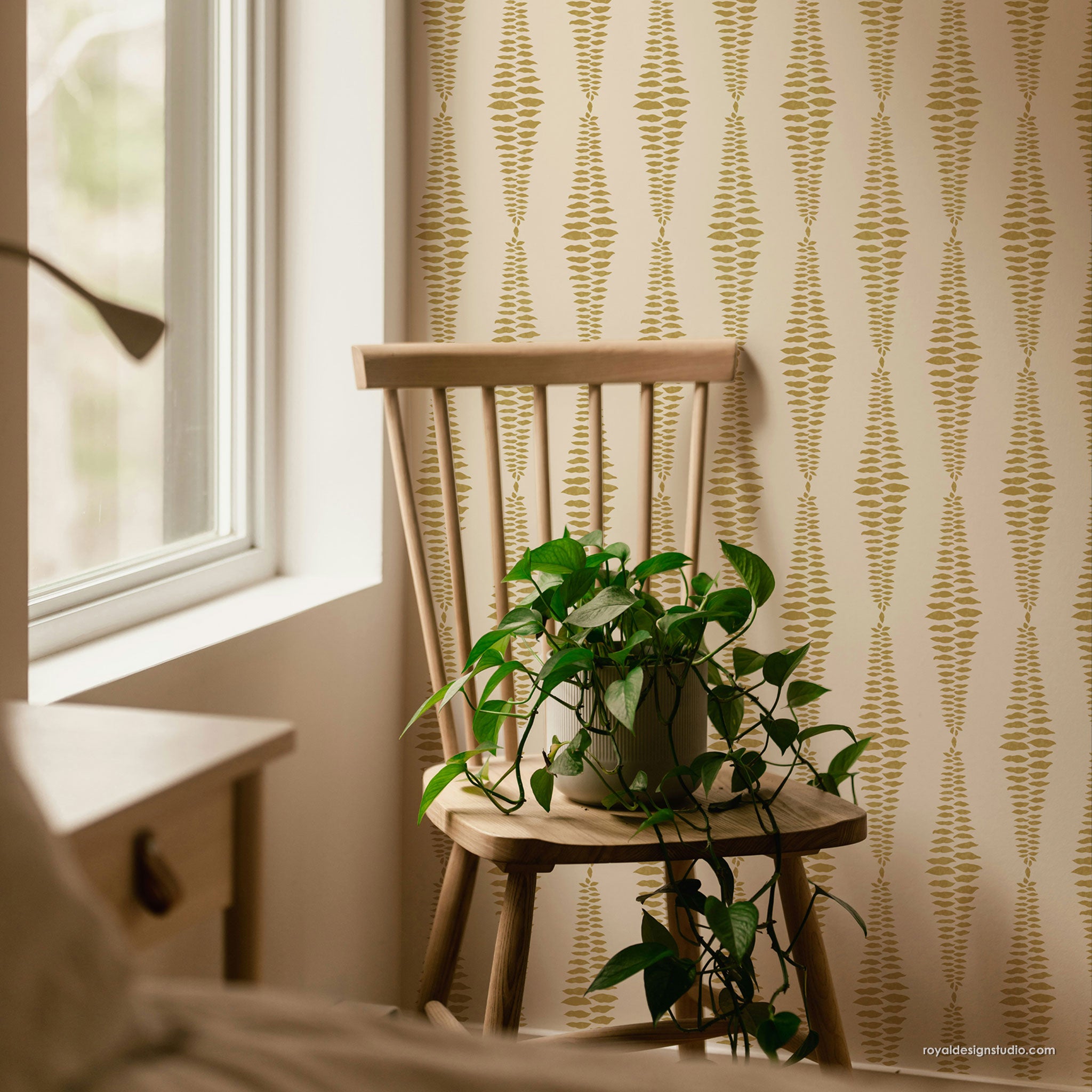 Bohemian tribal stripe wall stencil pattern in soft gold colors