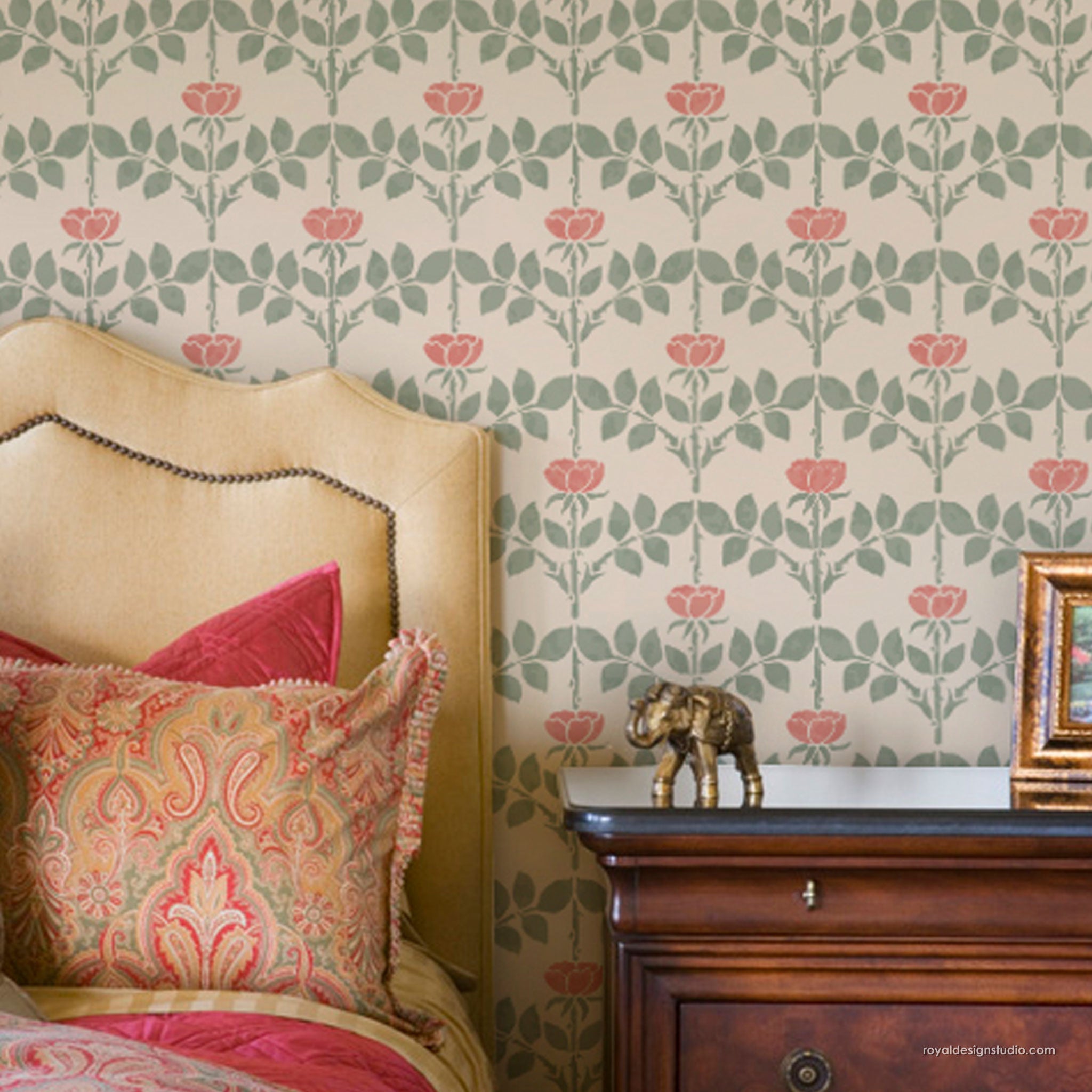 Art Nouveau floral wall stencil pattern based on classic Voysey Briar Rose wallpaper