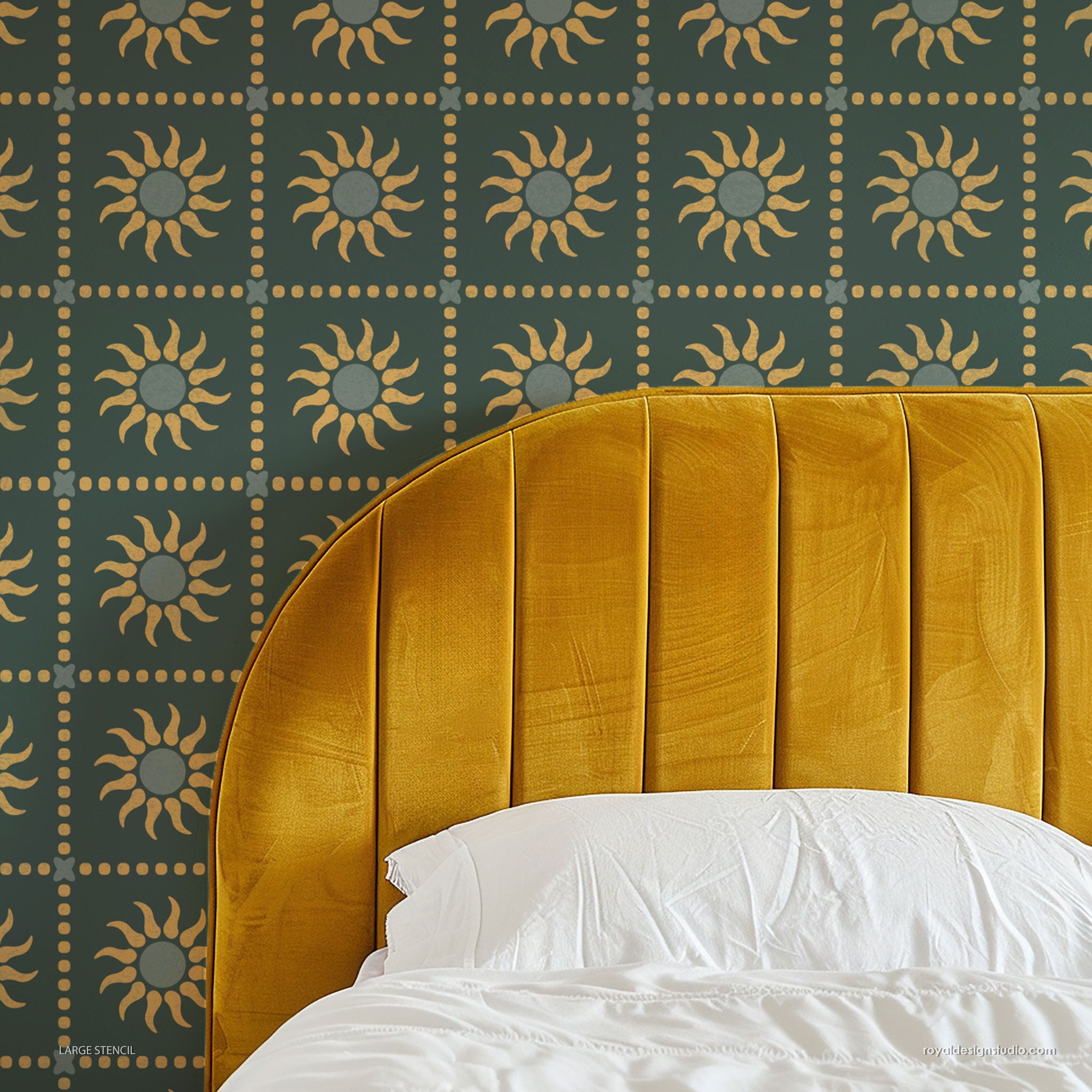 Mustard yellow headboard against a geometric sun-patterned wall. painted with a stencil of retro star motif