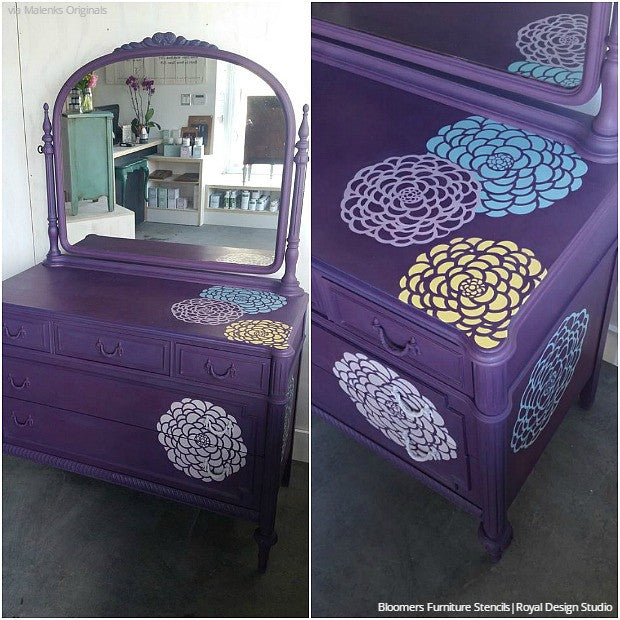 Purple Modern Flower Stencils Furniture Upcycle Dresser Makeover - Royal Design Studio