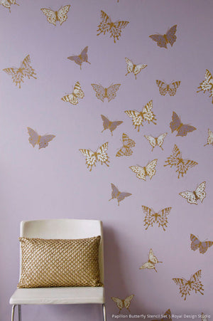 Girls Room or Nursery - Cute Butterfly Butterflies Mural Stencil Modern Wall Art for kids  - Royal Design Studio