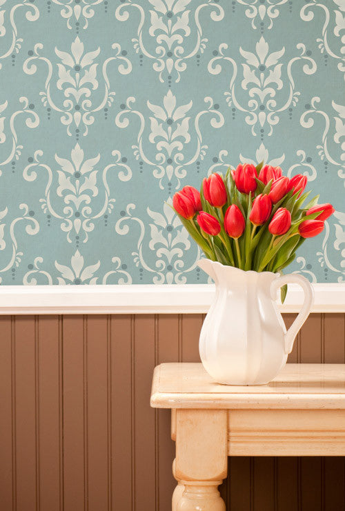 Classic and Victorian  Design - Serenity Damask Wallpaper Wall Stencils - Royal Design Studio