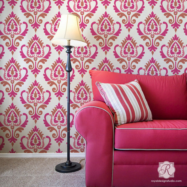 Bold Pink Accent Wall using Ikat Stencil Pattern for Painting Walls and Furniture - Royal Design Studio