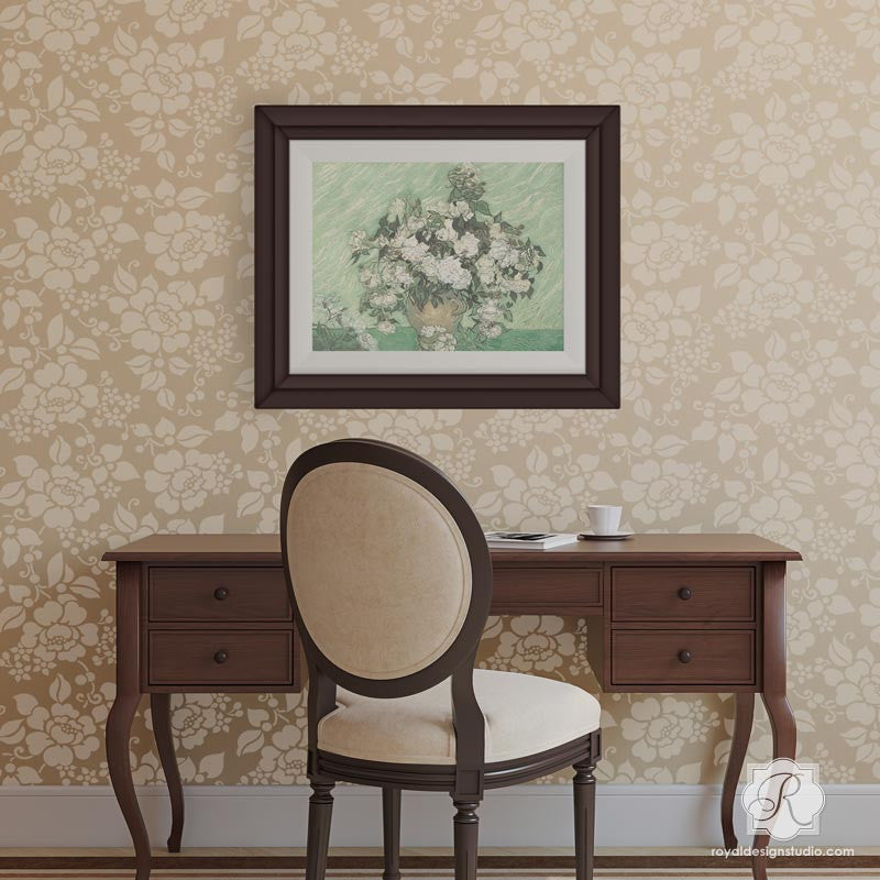 Neutral Home Decor - Spring Rose Blossoms Floral Wall Stencils - Royal Design Studio