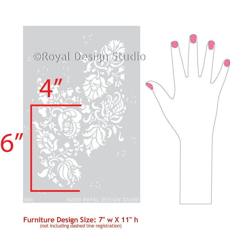 Allover Brocade Flowers Furniture Stencils for Stenciled Table Tops and Stenciled Dresser Drawers with Flower Patterns - Royal Design Studio