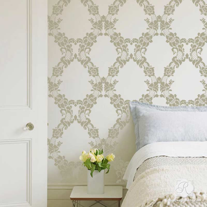 Paint a wallpaper look in your bedroom or living room with our vintage flower stencils - Floral Cascade Damask Wall Stencils - Royal Design Studio