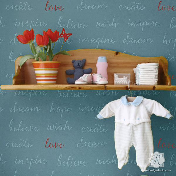 Typography Wall Art and Wallpaper Look with Stenciling - Dream On Lettering Wall Stencils - Royal Design Studio