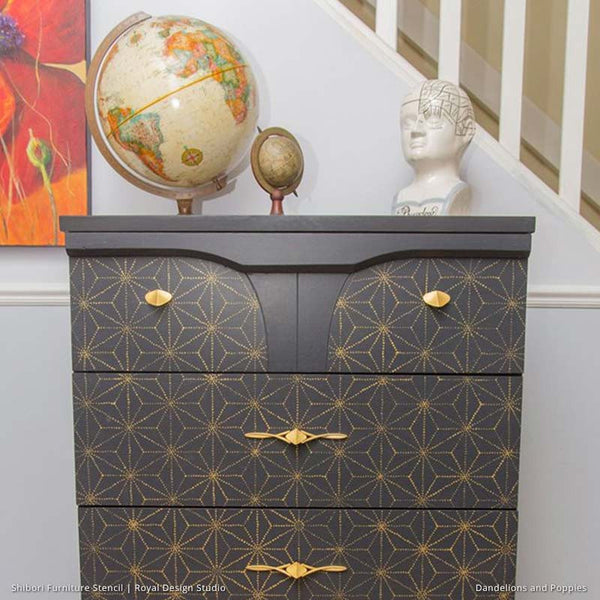 Painted Dresser Drawers with Geometric and Modern Asian Pattern - Shibori Japanese Furniture Stencils - Royal Design Studio