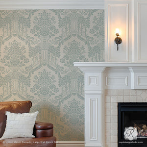Painting Classic European Designs on Accent Wall - Brighton Manor Damask Wall Stencils - Royal Design Studio