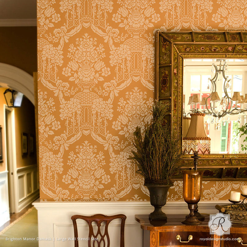 Traditional Home Decor Decorated with Large Damask Patterns - Brighton Manor Damask Wall Stencils - Royal Design Studio